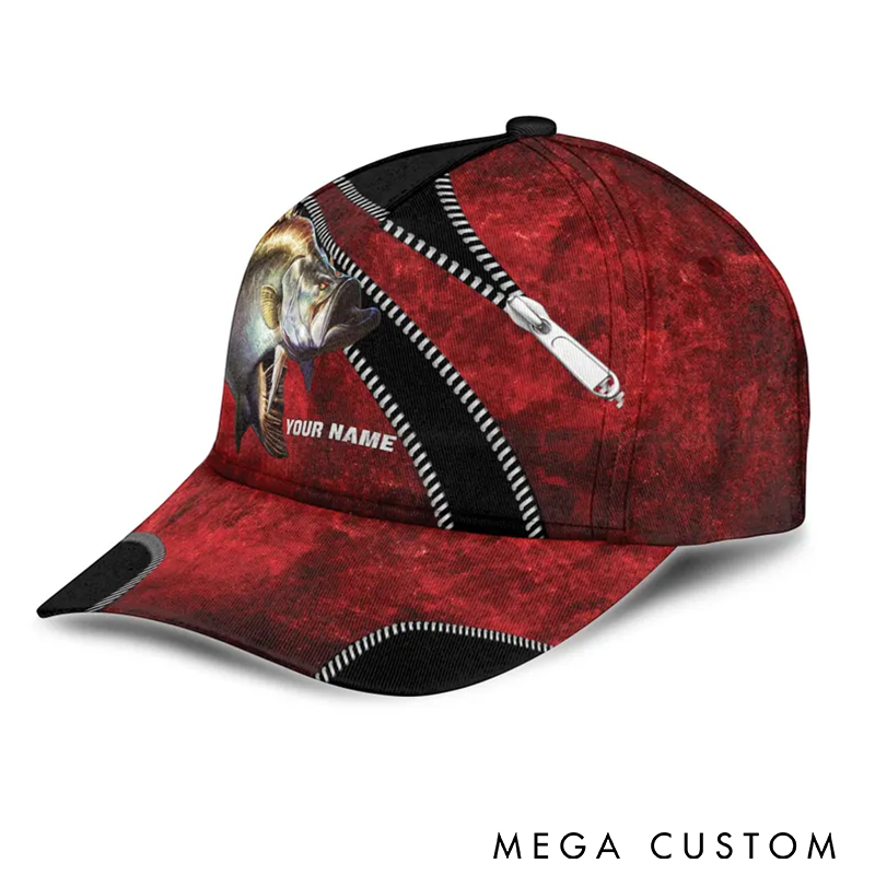 Personalized Fishing Hat Bass Fishing Cap Unique Zipper Design Custom Name Vibrant Bass Print Stylish and Personalized Cap for Fishing Enthusiasts