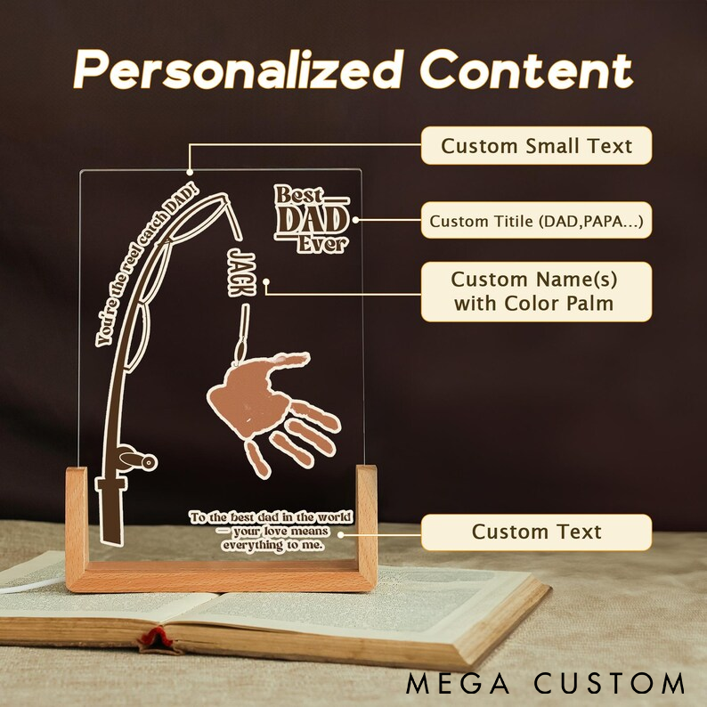 Personalized Fishing Acrylic Night Light Custom Title Names and Handprint Perfect Father's Day Gift for Fishing Lovers Unique Desk Decor