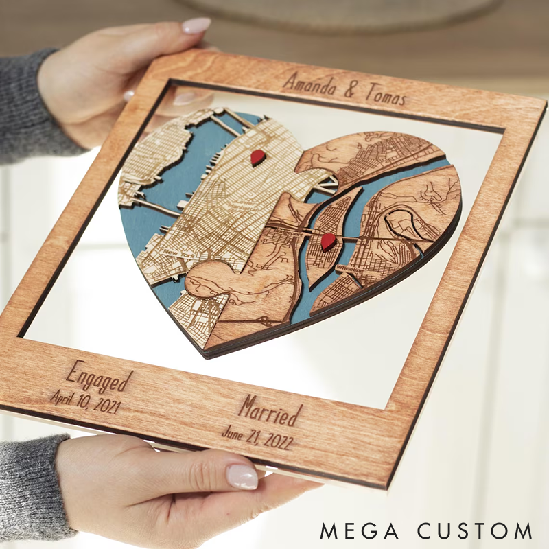 Personalized Heart Map Art Two Locations Heart Puzzle Map Wooden Framed Wall Art Unique Gift for Engagement Wedding or Anniversary