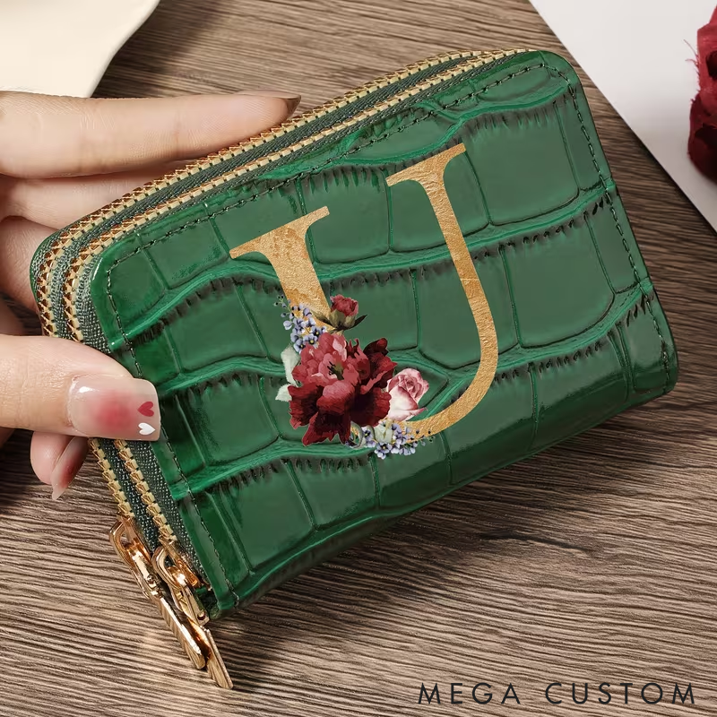 Personalized Small Wallet Custom Initial PU Leather Card Holder with Zipper Compact and Stylish Design for Cash Cards and Coins