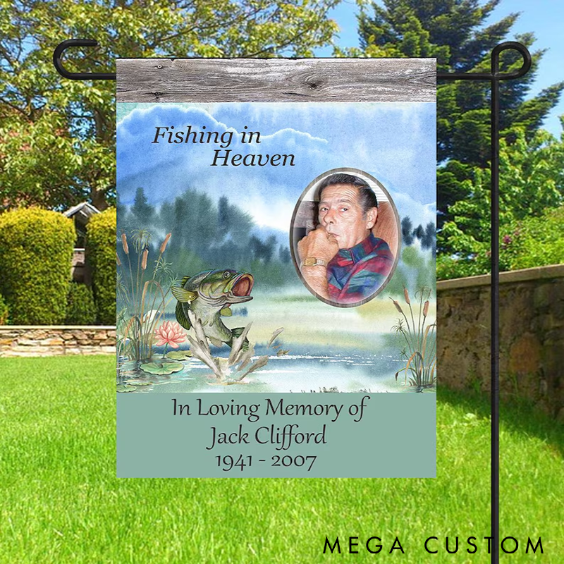 Personalized Memorial Fishing Flag Remembrance Photo Flag Custom Photo and Name Tribute to Fishing Enthusiasts in Loving Memory