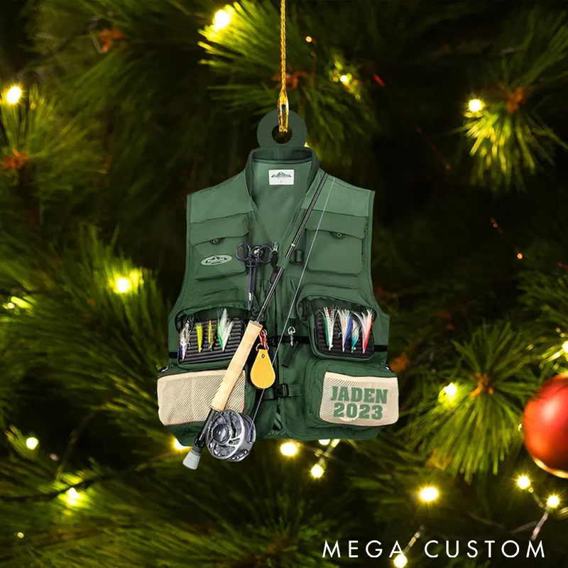 Personalized Fishing Vest Ornament Fishing Ornament Fisherman Ornament Fishing Christmas Ornament Custom Name and Time Perfect Gift for Fishing Enthusiasts