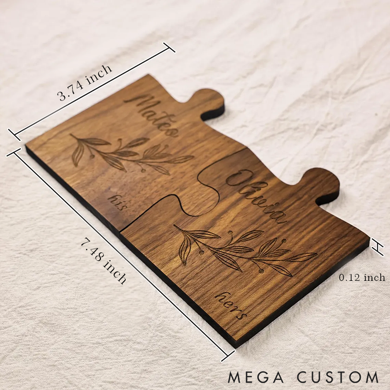 Personalized Couples Coaster Set Engraved Jigsaw Wooden Coaster Custom Names and Time Engraved Unique Couple Gift Rustic Home Decor Wedding or Anniversary Gift