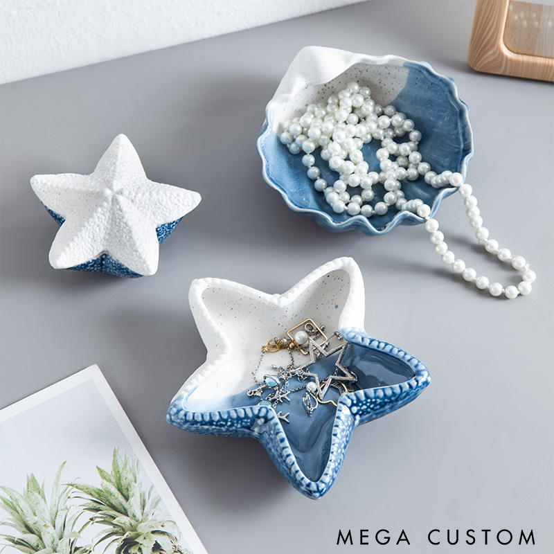 Ocean-Themed Ceramic Jewelry Dish Handmade Ceramic Seashell Starfish Conch Clam Tray Elegant Organizer for Accessories Keys and Coins Decorative Home Gift