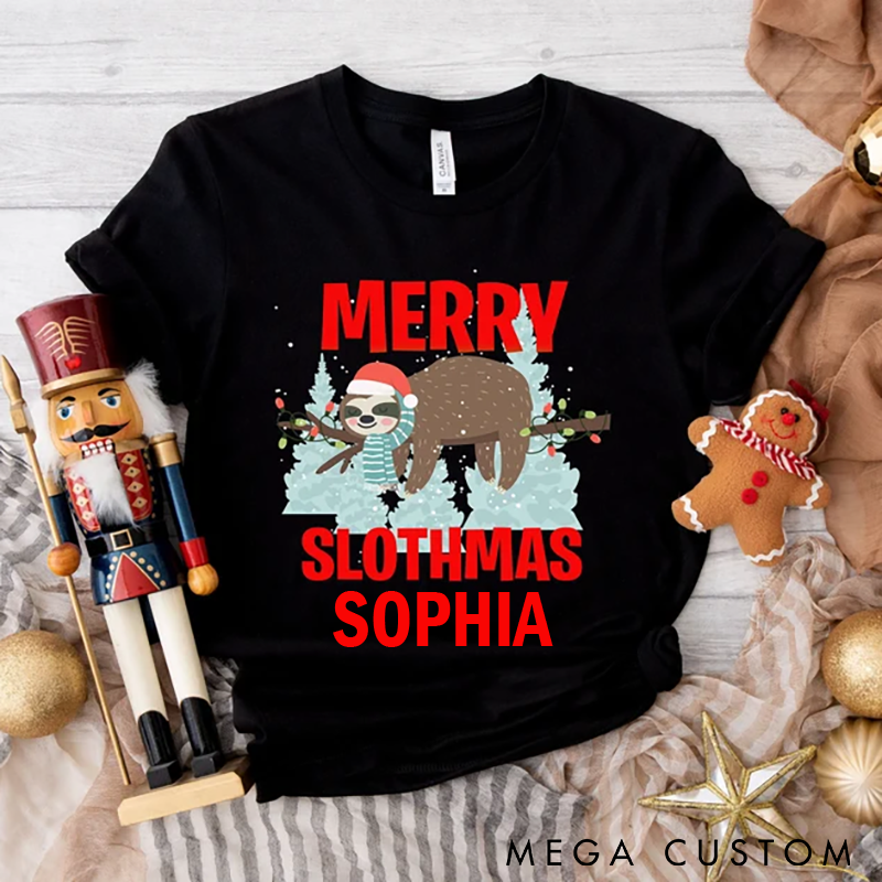 Personalized Sloth Yoga Christmas T-Shirt Funny Merry Slothmas Design Custom Name Perfect Holiday Gift for Yoga Enthusiasts
