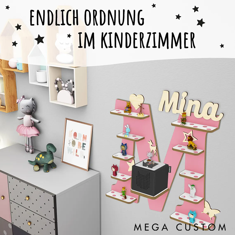 Personalized Letter Shelf for Toniebox Storage Tonie Shelf Wall Shelf for Tonie Figures Custom Name Display Wooden Organizer for Figures Kids' Room Decor with Charging Slot