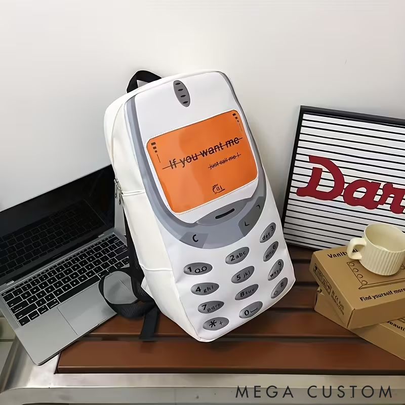 Retro Cell Phone Backpack Couple's Backpack with Playful Phone Print Unique Waterproof Design Spacious and Adjustable Perfect for Daily Use Travel or Gifts
