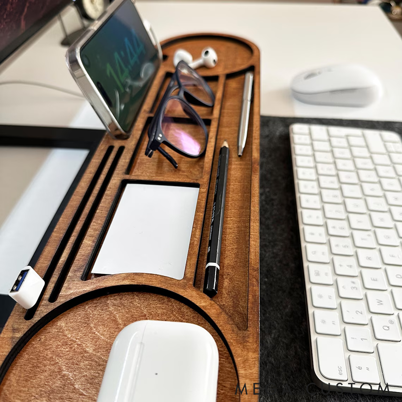 Personalized Wooden Desk Organizer Office Desk Accessories Custom Tablet and Phone Stand Custom Docking Station Multifunctional Office Storage for Phone Glasses Pens and Accessories