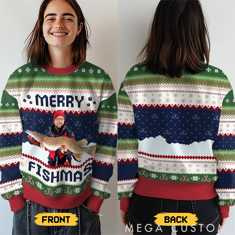 Personalized Merry Fishmas Sweater Fishing Themed Ugly Christmas Sweater Fishing Christmas Sweater Funny Holiday Gift for Fishing Lovers