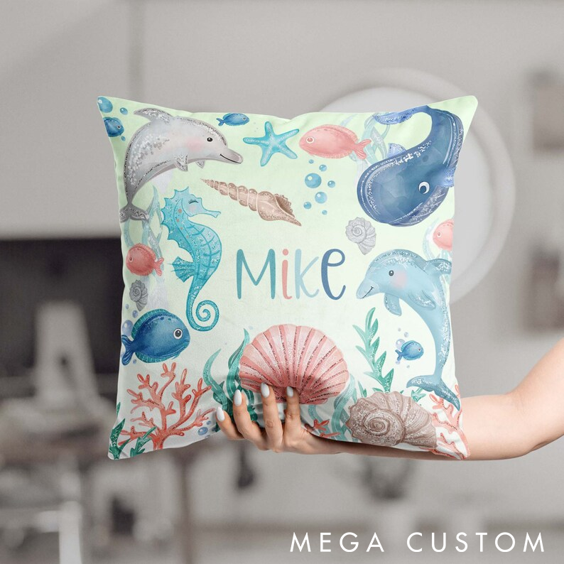 Personalized Ocean Theme Pillow Marine Life Design with Dolphins and Sea Creatures Custom Name Perfect Gift for Fishing and Ocean Lovers