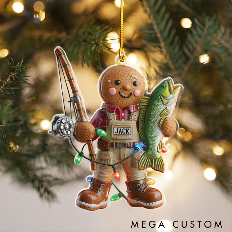 Personalized Fishing Ornament Gingerbread Fisherman Ornament Unique Christmas Tree Decoration for Fishing Lovers