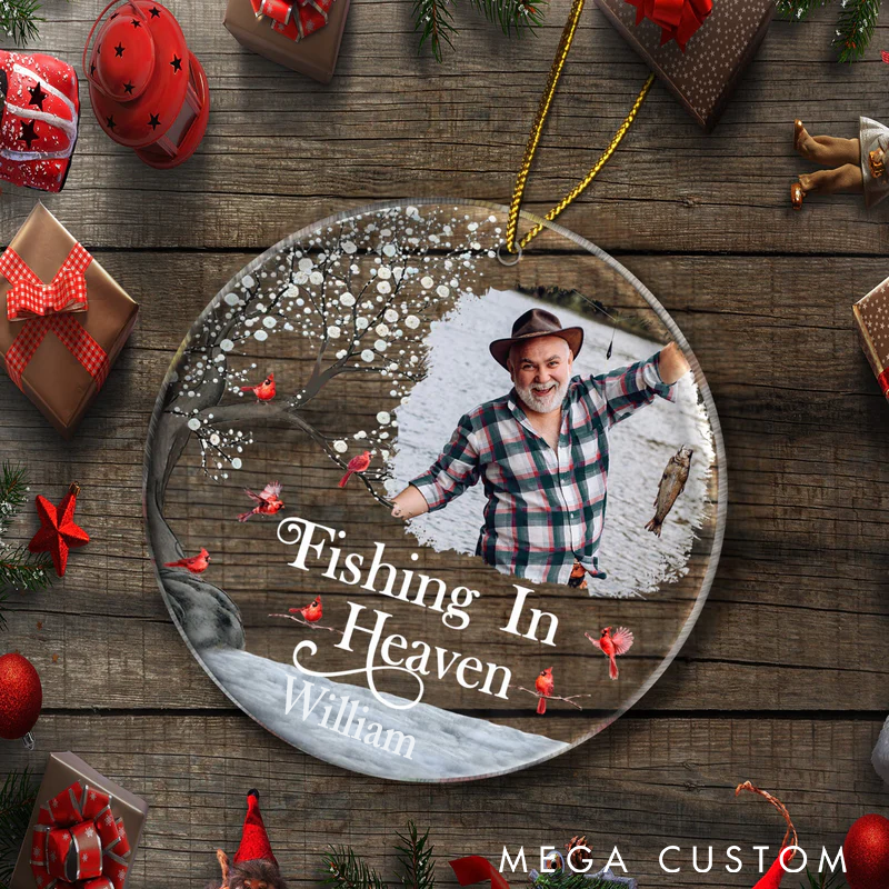 Personalized Fishing in Heaven Memorial Ornament Custom Photo and Name Acrylic Keepsake for Fishing Lovers Thoughtful Tribute and Holiday Decoration