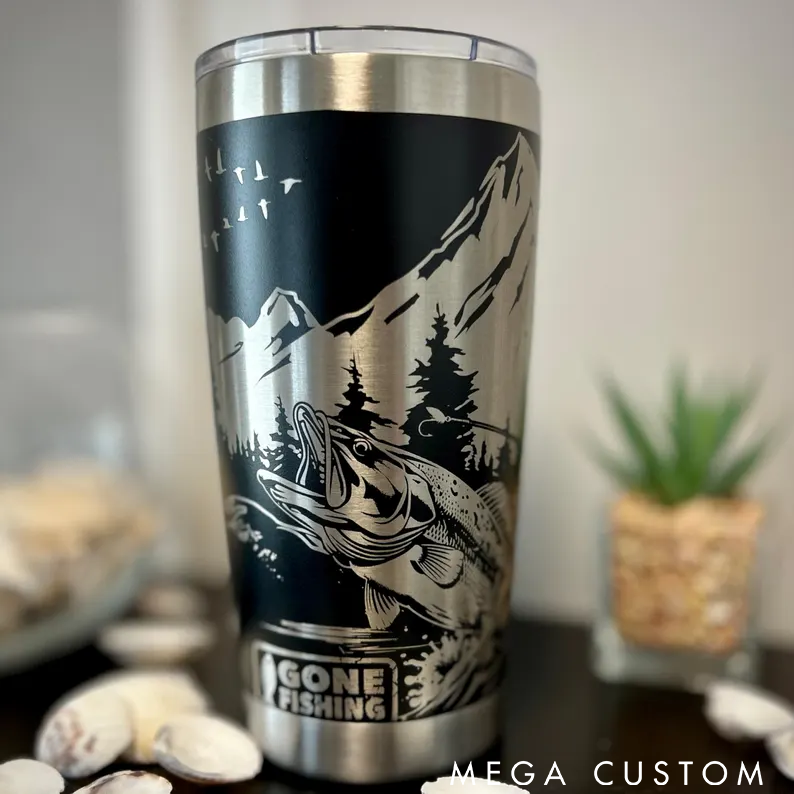 Personalized Fishing Tumbler Custom Name Outdoor Nature Design Stainless Steel Insulated Cup for Hot and Cold Drinks Perfect Gift for Fishing Lover