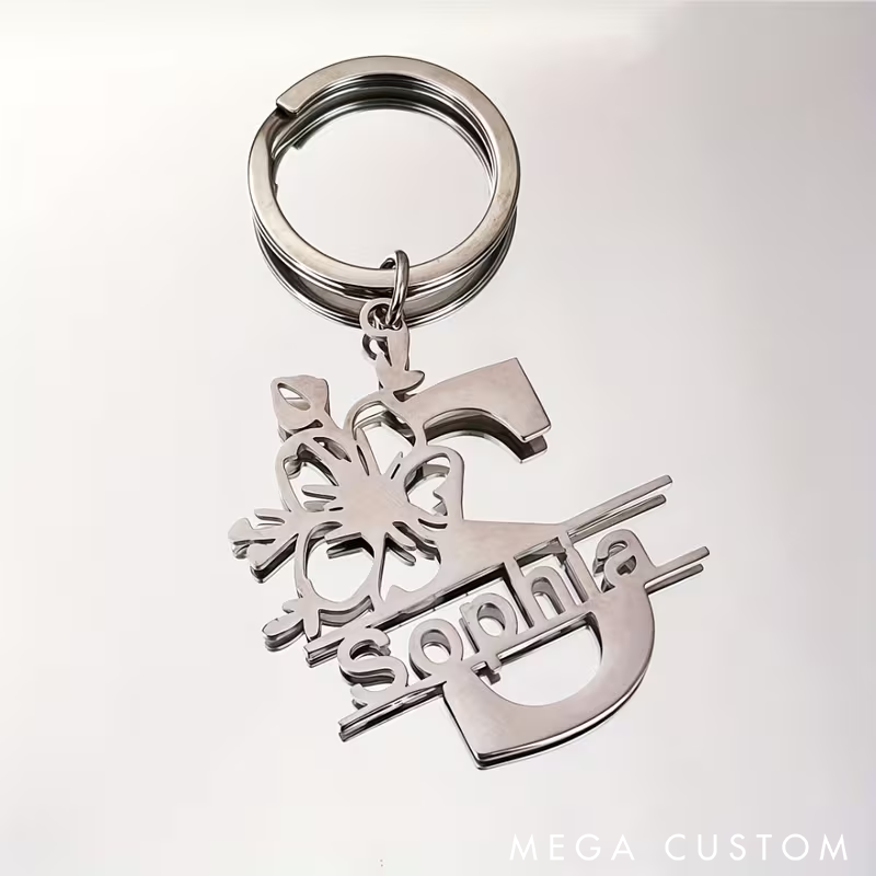 Personalized Initial Keychain with Custom Name Elegant Floral Design Metal Keyring Perfect for Gifts and Everyday Use