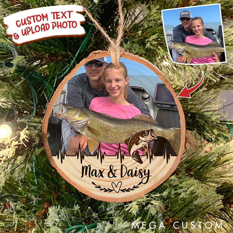 Personalized Fishing Ornament Custom Photo and Text Wooden Christmas Decoration Unique Gift for Fishing Lovers Perfect for Holiday Memories