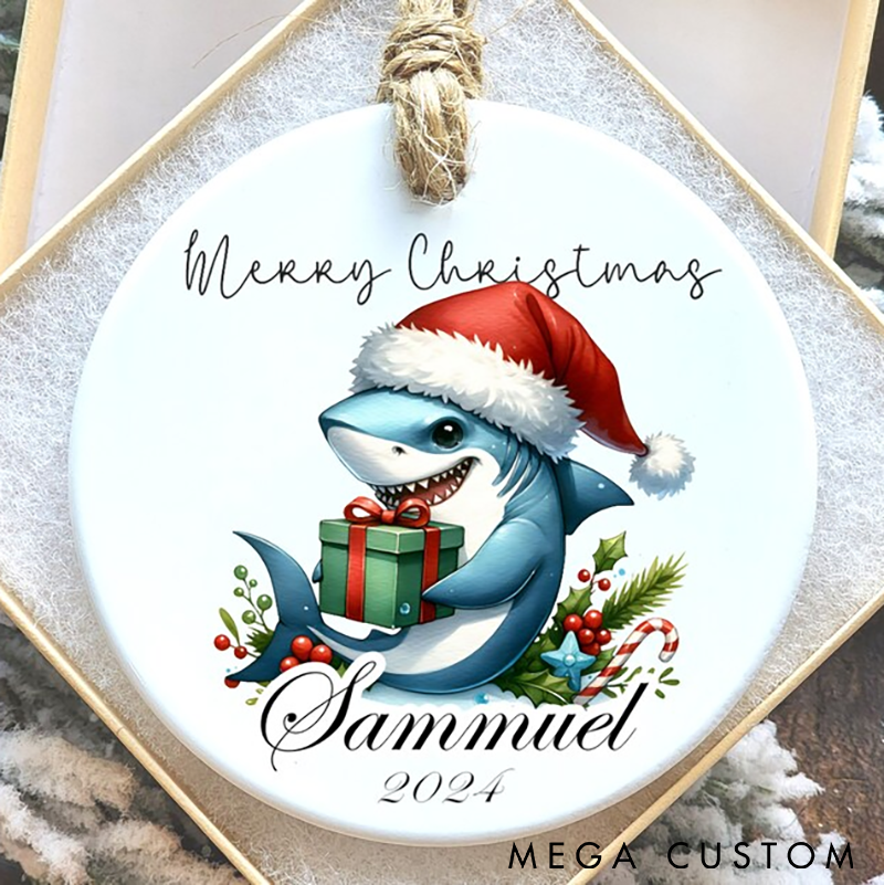 Personalized Fishing Christmas Ornament Cute Shark Design Custom Name and Time Holiday Gift for Anglers and Ocean Lovers
