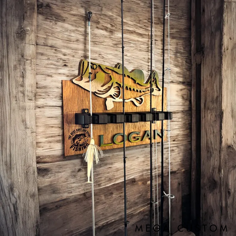Personalized Fishing Rod Holder Wall Mount Custom Name Wooden Rack with Fish Design Perfect for Organizing Gear and Fishing Enthusiast Gifts