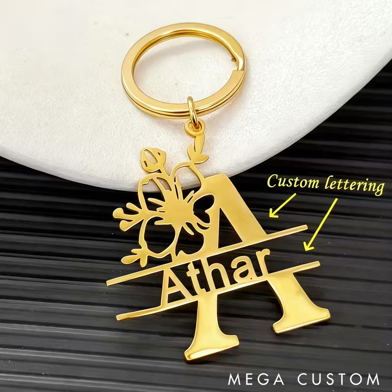 Personalized Initial Keychain with Custom Name Elegant Floral Design Metal Keyring Perfect for Gifts and Everyday Use