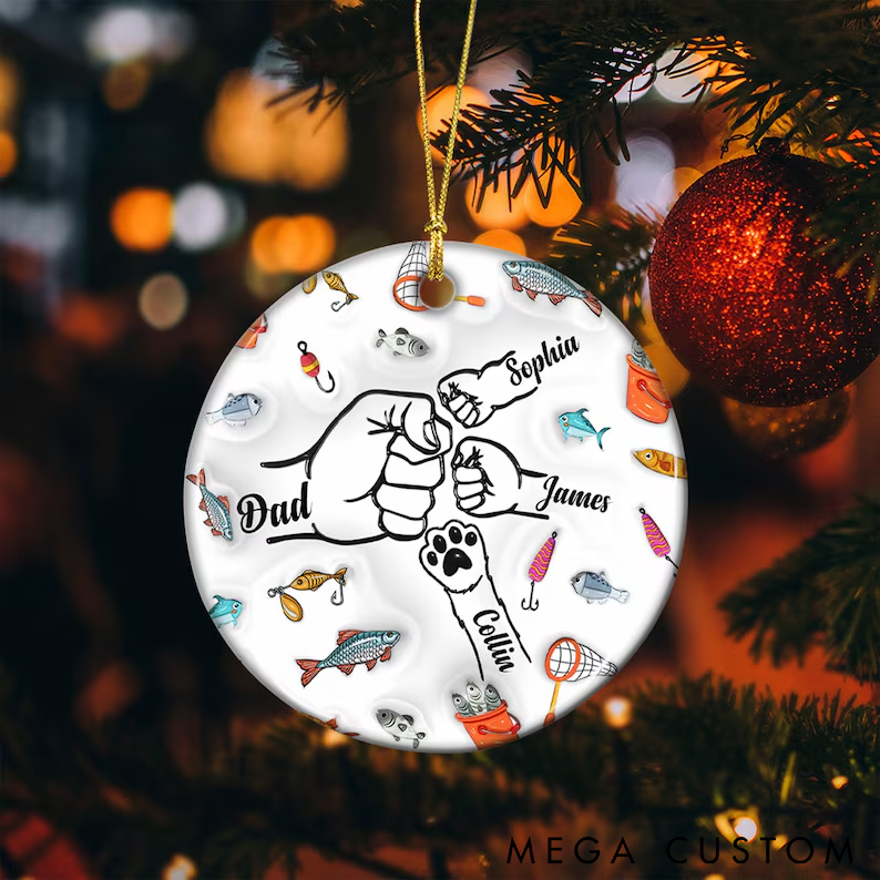 Personalized Fishing Christmas Ornament Christmas Fishing Ceramic Ornament Custom Names Family Fist Bump Design Perfect Holiday Gift for Fishing Enthusiasts