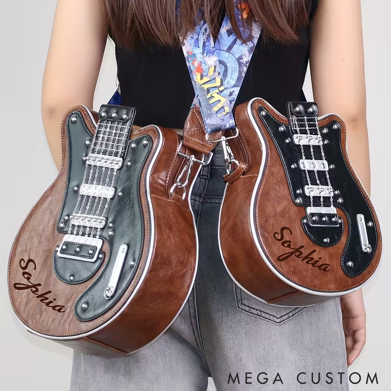 Personalized Guitar-Shaped Crossbody Bag Small Guitar Bag for Women Bass Guitars Unique Shoulder Crossbody Purse with Chain Rivet Decor and Contrast Wide Strap Custom Name Perfect for Music Lovers