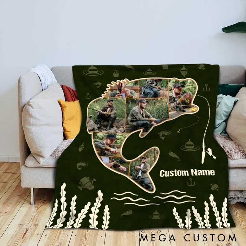 Personalized Fishing Photo Blanket Fishing Photo Collage Blanket Custom Name and Photo Perfect Gift for Fishing Enthusiasts and Cozy Home Decor