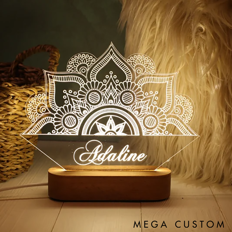 Personalized Mandala Yoga Night Light LED Lamp with Wooden Base  Custom Name Perfect for Meditation Relaxation and Yoga Room Decor