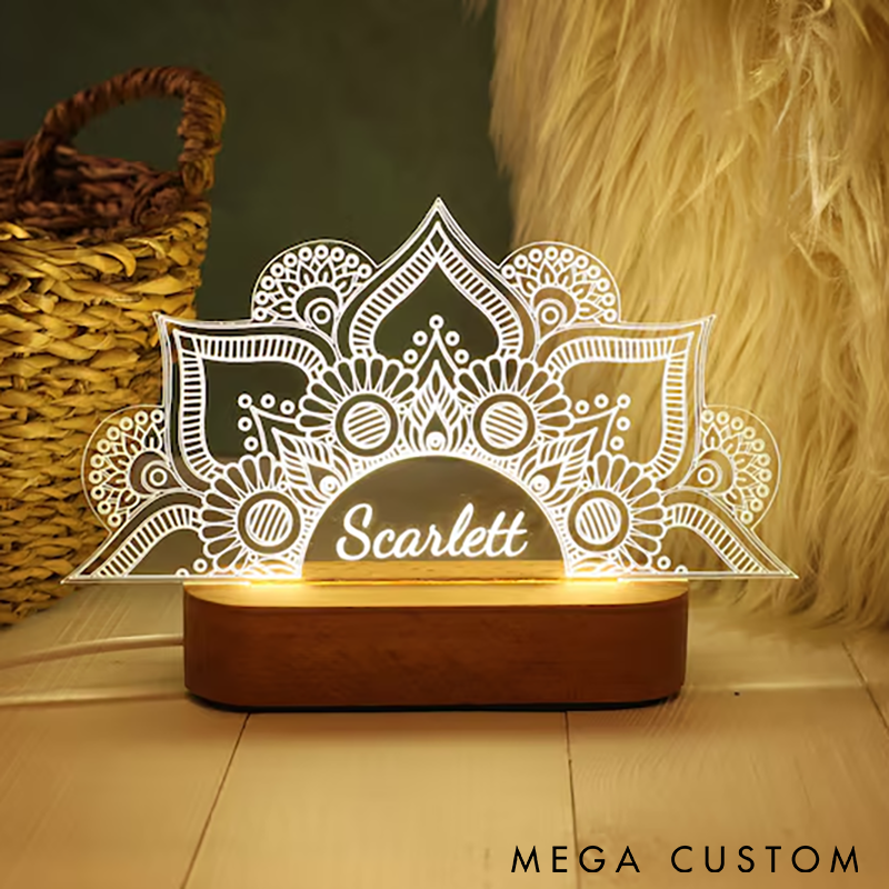 Personalized Mandala Yoga Night Light LED Lamp with Wooden Base  Custom Name Perfect for Meditation Relaxation and Yoga Room Decor