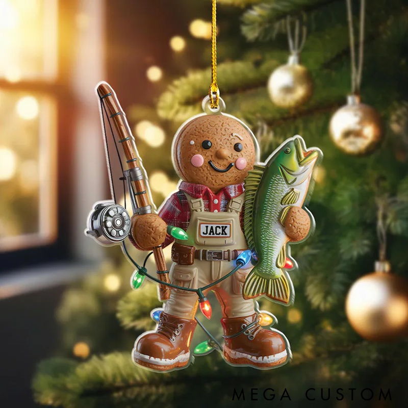 Personalized Fishing Ornament Gingerbread Fisherman Ornament Unique Christmas Tree Decoration for Fishing Lovers