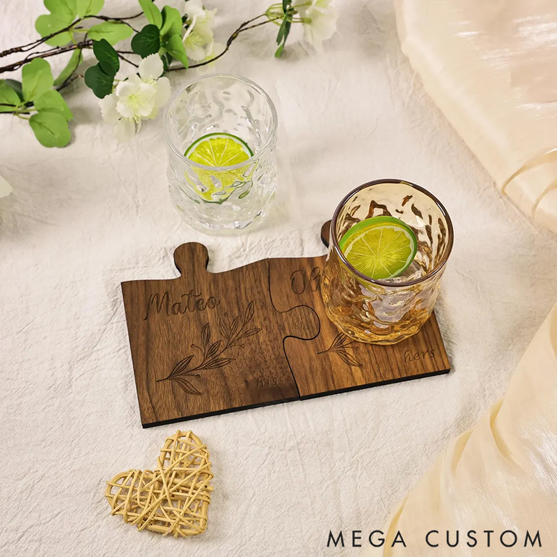 Personalized Couples Coaster Set Engraved Jigsaw Wooden Coaster Custom Names and Time Engraved Unique Couple Gift Rustic Home Decor Wedding or Anniversary Gift