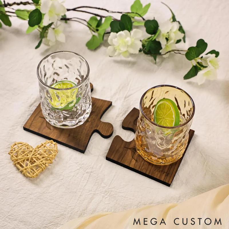 Personalized Couples Coaster Set Engraved Jigsaw Wooden Coaster Custom Names and Time Engraved Unique Couple Gift Rustic Home Decor Wedding or Anniversary Gift