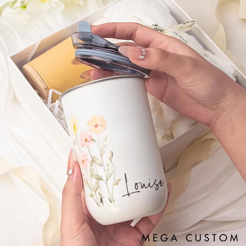 Personalized Floral Insulated Tumbler Custom Name and Flower Stainless Steel Spill-Proof Design Multiple Colors Perfect Gift for Women or Daily Use