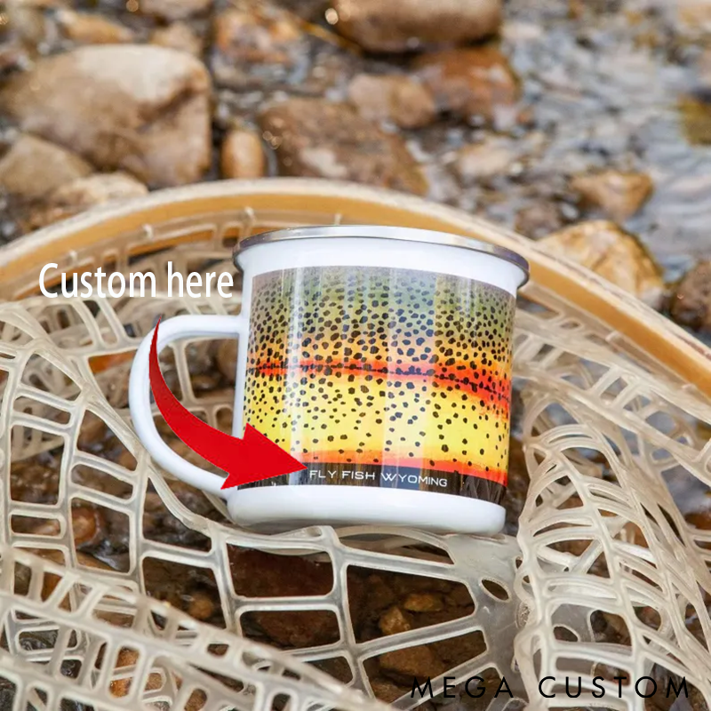 Personalized Trout Enamel Mug Trout Pattern Camp Mug Fish Scale Design Custom Text Perfect for Fishing Camping and Outdoor Adventures