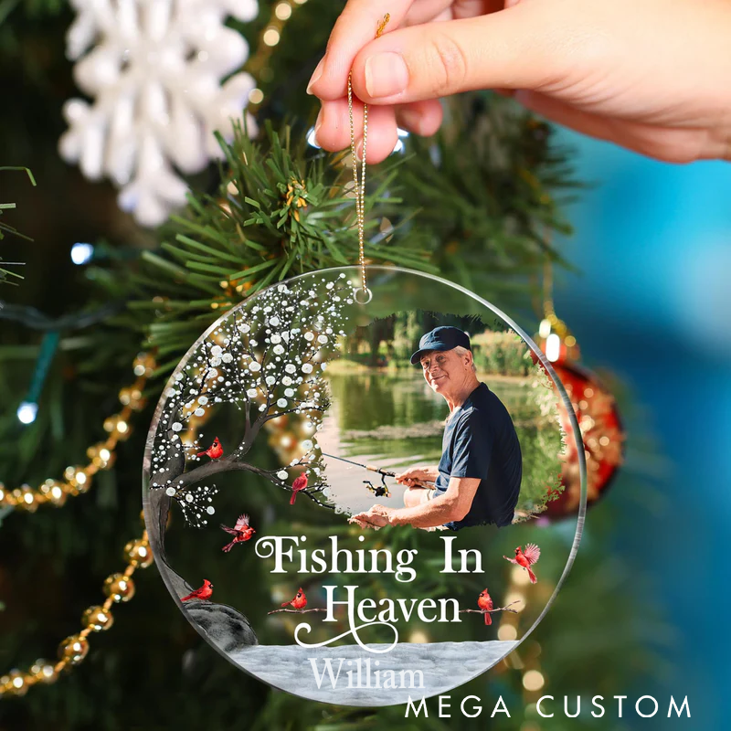 Personalized Fishing in Heaven Memorial Ornament Custom Photo and Name Acrylic Keepsake for Fishing Lovers Thoughtful Tribute and Holiday Decoration