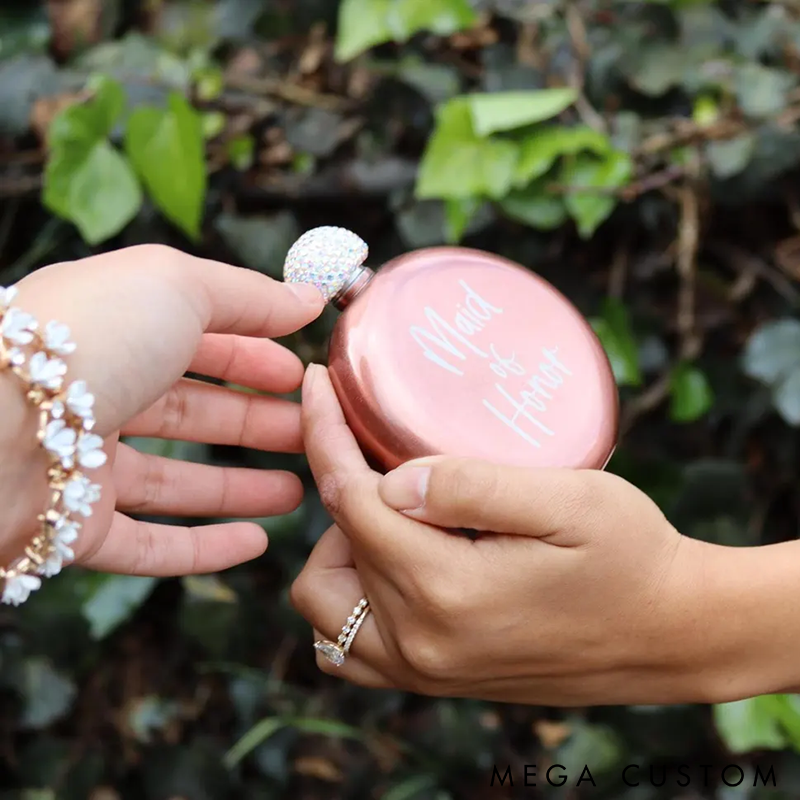 Personalized Rhinestone Flask Funny Bridesmaid Gift or Valentine's Day Gift for Her Custom Flask for Girls Trip or Wedding Party Perfect for Bridesmaid Gifts Birthdays and Special Occasions