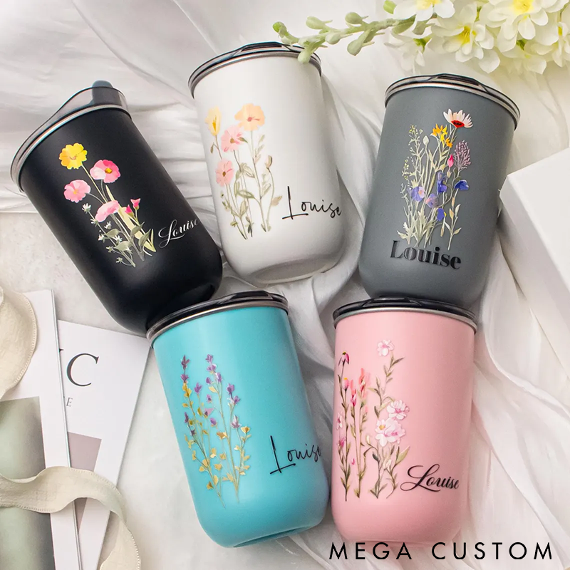 Personalized Floral Insulated Tumbler Custom Name and Flower Stainless Steel Spill-Proof Design Multiple Colors Perfect Gift for Women or Daily Use