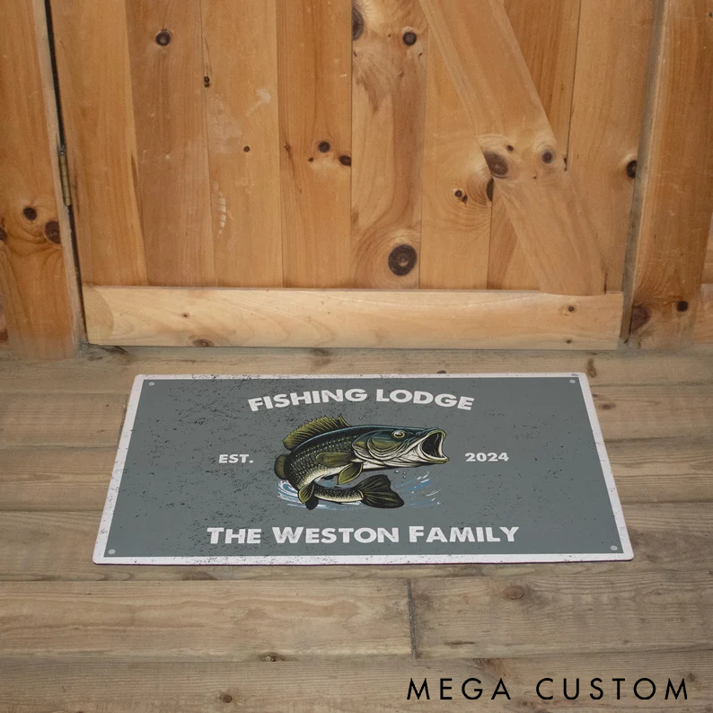 Personalized Fishing Lodge Doormat Fishing Lodge Welcome Mat Custom Name and Time Bass Fish Design Durable and Non-Slip Perfect for Fishing Enthusiasts