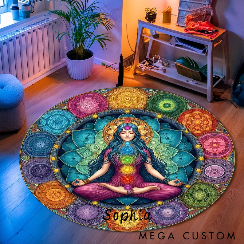 Personalized Yoga Mandala Rug Chakra Meditation Design Custom Name Soft and Vibrant Floor Mat for Yoga Meditation or Home Decor