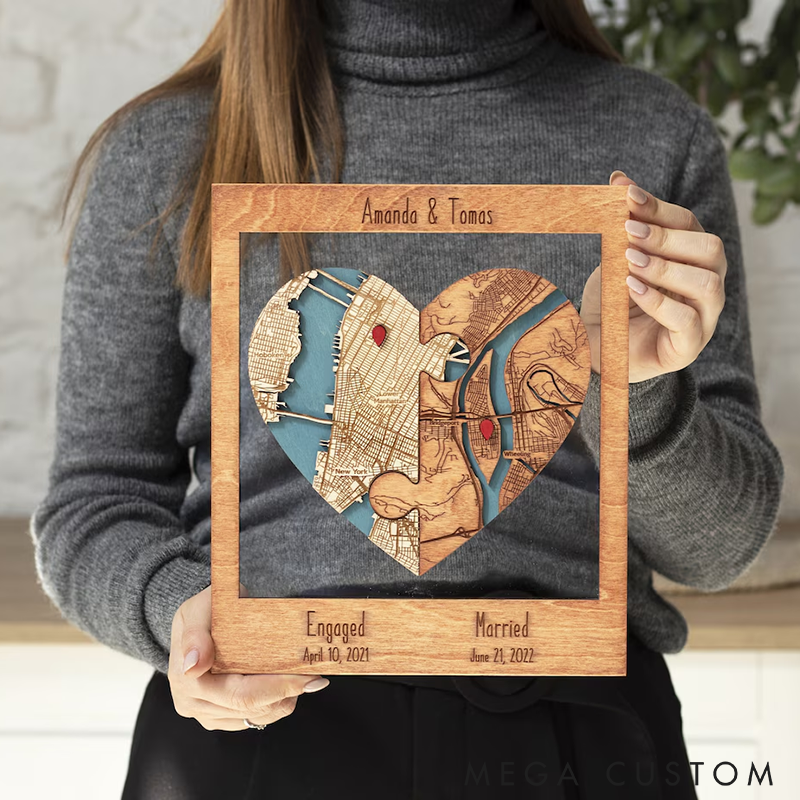 Personalized Heart Map Art Two Locations Heart Puzzle Map Wooden Framed Wall Art Unique Gift for Engagement Wedding or Anniversary