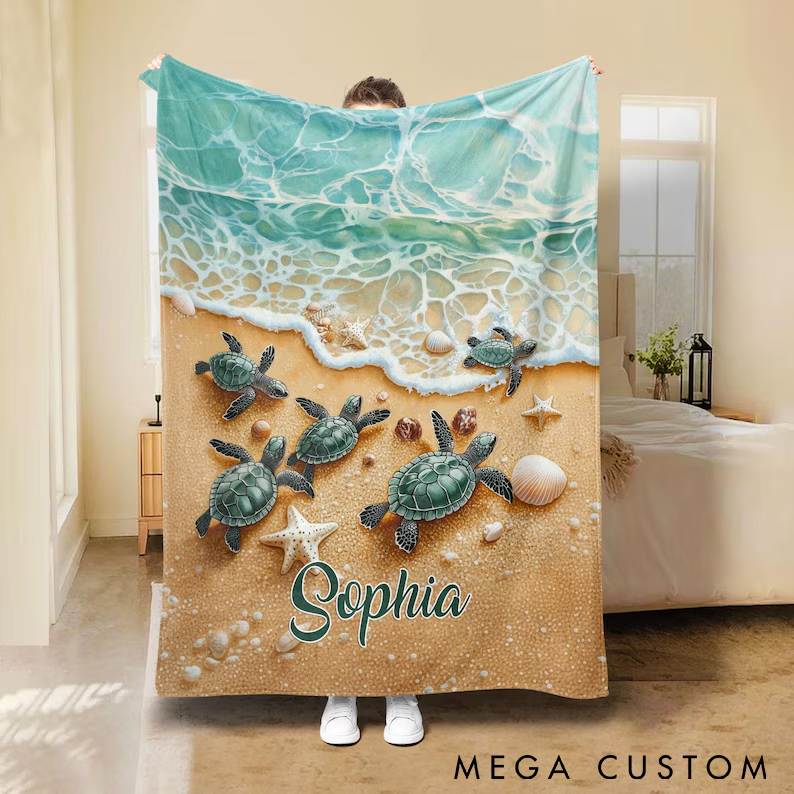 Personalized Sea Turtle Beach Blanket Ocean Theme Beach Blanket Custom Name Throw for Fishing Lovers Cozy Home Decor or Outdoor Adventures