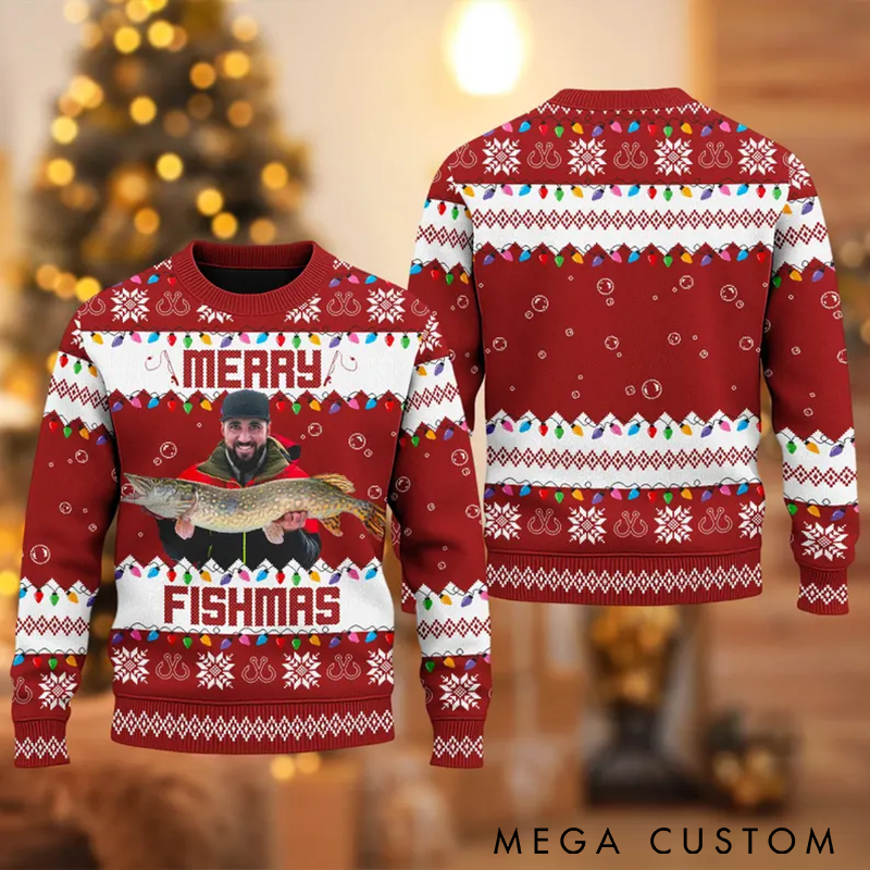 Personalized Merry Fishmas Sweater Fishing Ugly Christmas Sweater Custom Photo Funny Holiday Gift for Anglers and Fishing Lovers