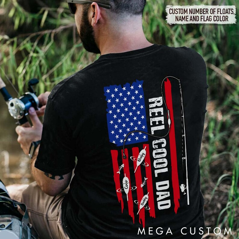 Personalized Reel Cool Dad Fishing T-Shirt Name with Flag and Floats Design Custom Kids Perfect Gift for Fishing Enthusiasts and Proud Dads
