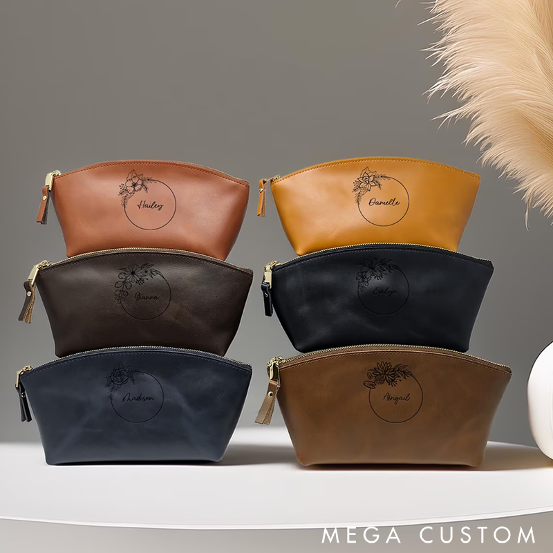 Personalized Leather Makeup Bag Cosmetic Bag Custom Name Cosmetic Pouch and Birth Flower Custom Makeup Bag Gift for Her Cosmetic Bag Gift for Women
