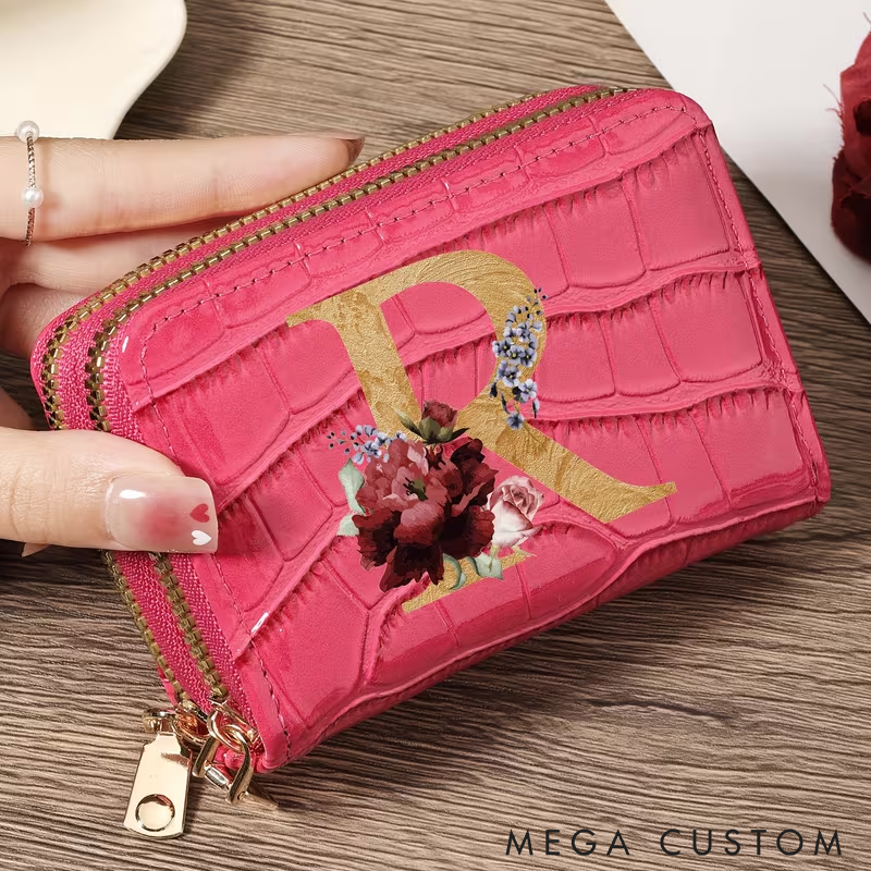 Personalized Small Wallet Custom Initial PU Leather Card Holder with Zipper Compact and Stylish Design for Cash Cards and Coins