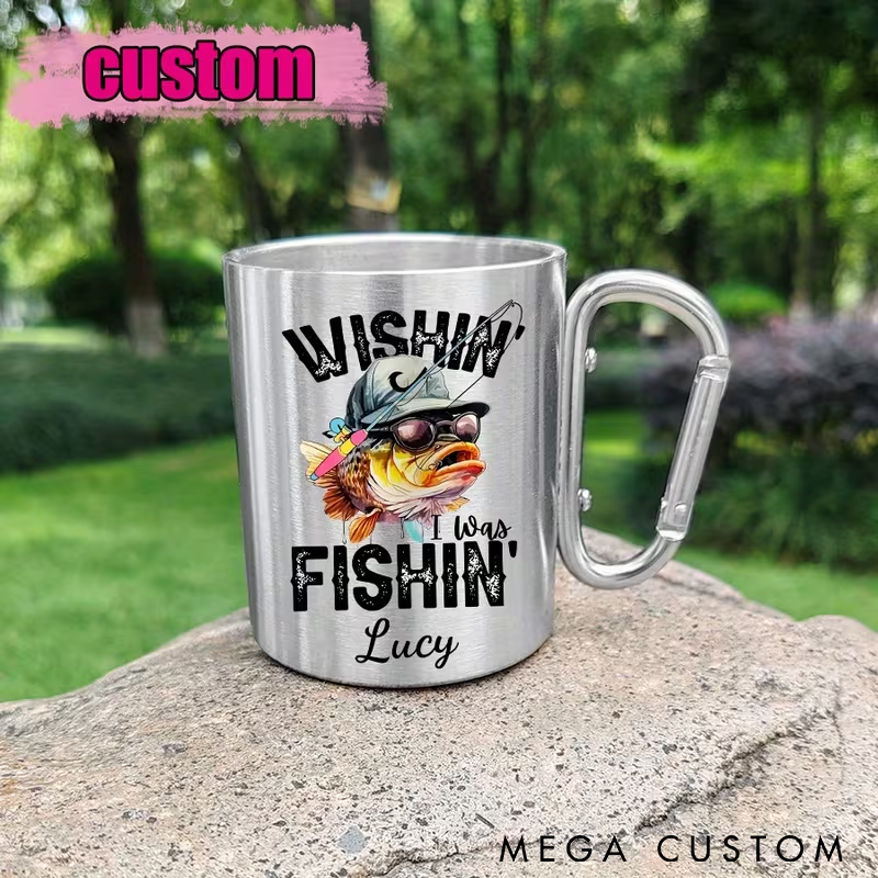 Personalized Fishing Mug Stainless Steel with Carabiner Handle Custom Name Durable and Fun Gift for Fishing Enthusiasts and Outdoor Adventures