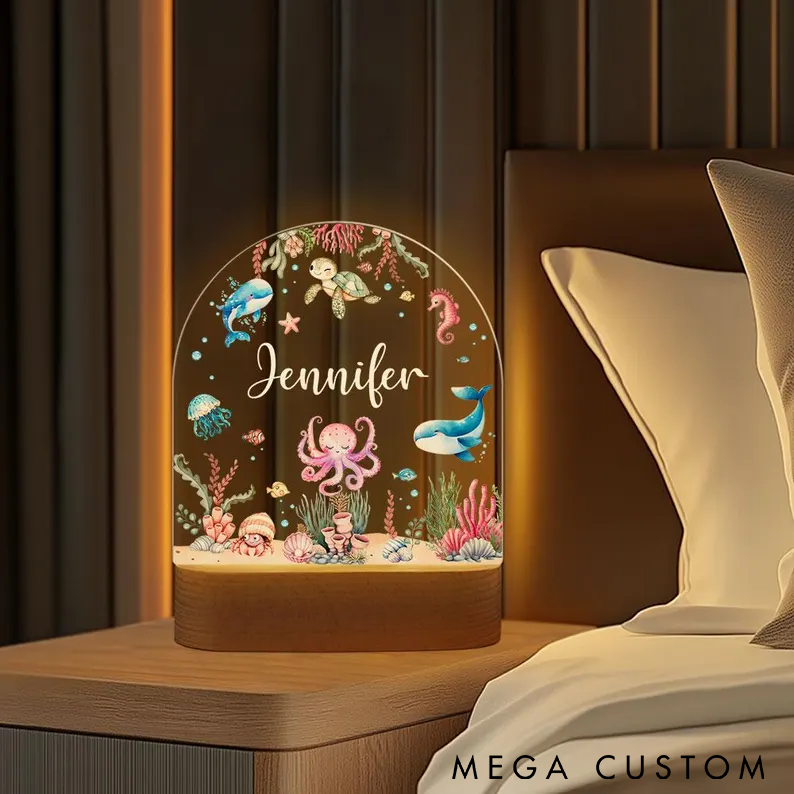 Personalized Ocean LED Night Light Underwater Theme with Fish and Sea Creatures Custom Name Perfect for Fishing Lovers or Kids Room Decor