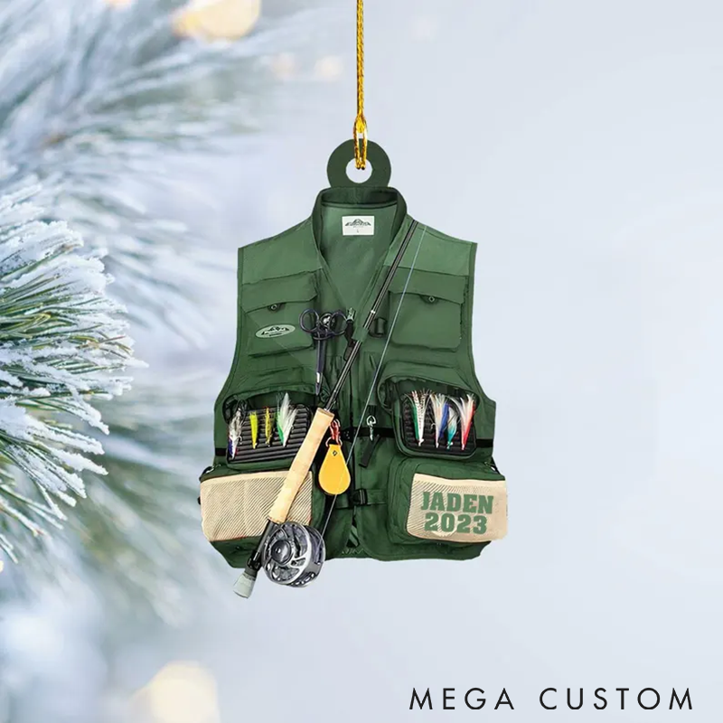 Personalized Fishing Vest Ornament Fishing Ornament Fisherman Ornament Fishing Christmas Ornament Custom Name and Time Perfect Gift for Fishing Enthusiasts