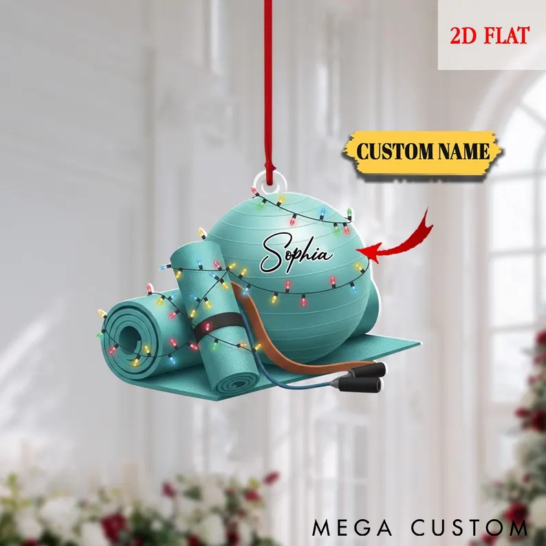 Personalized Yoga Ornament Yoga Mat and Ball Design with Festive Lights Custom Name Perfect Christmas Decor for Yoga Lovers
