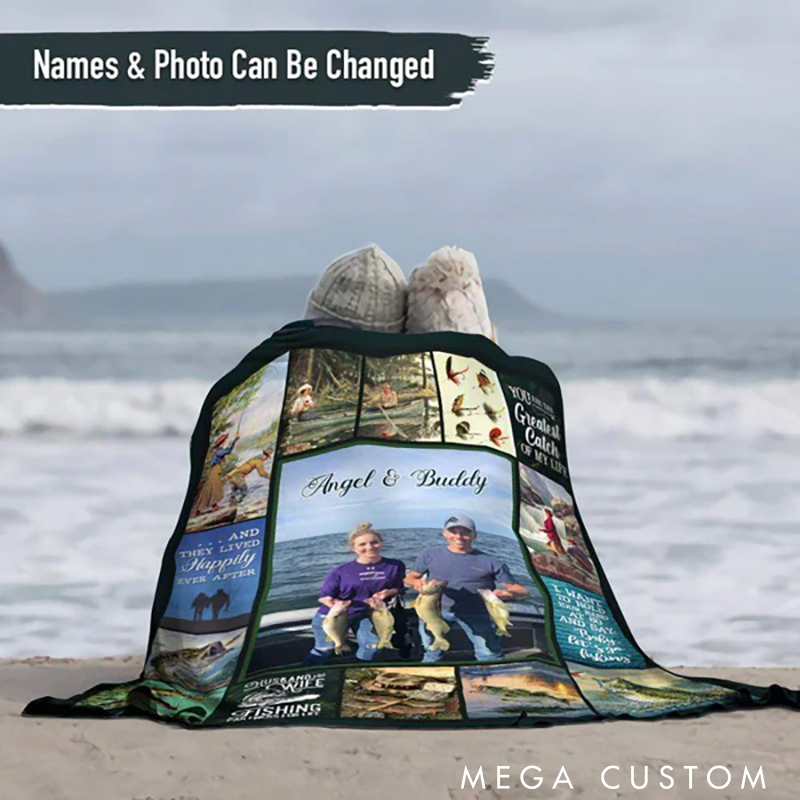 Personalized Fishing Blanket Romantic Gift for Couples Custom Photo and Name Couple Fishing Blanket Perfect Gift for Fishing Lover Ideal for Home Camping or Outdoor Adventures