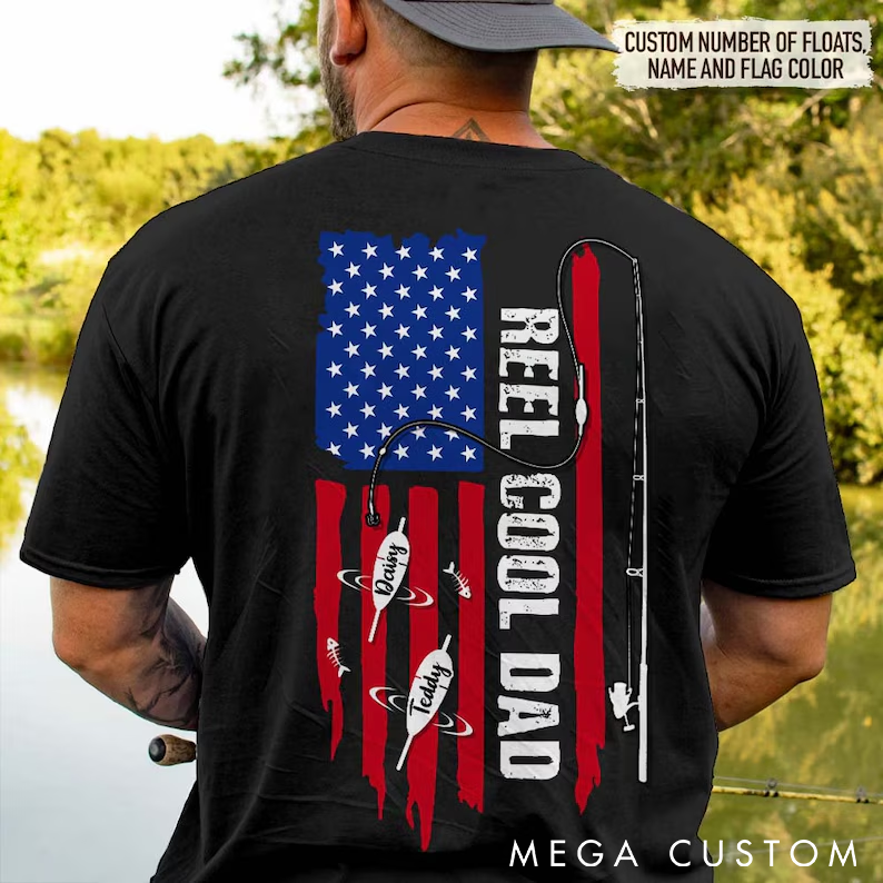 Personalized Reel Cool Dad Fishing T-Shirt Name with Flag and Floats Design Custom Kids Perfect Gift for Fishing Enthusiasts and Proud Dads