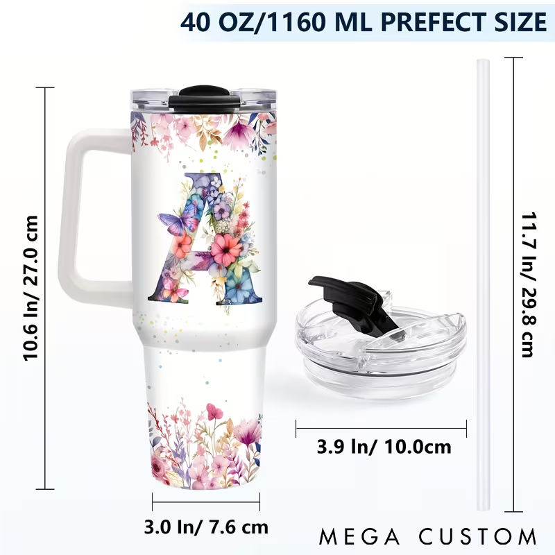 Personalized Tumbler with Handle with Floral Design Stainless Steel Custom Name Insulated for Hot and Cold Drinks Perfect Gift for Women